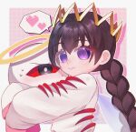  1girl alt_0218 artist_name black_hair blush braid fairy fairy_wings glasses heart highres hug jimiko kirby_(series) kirby_64 long_hair low_twin_braids one-eyed purple_eyes red_eyes ripple_star_queen sleeves_past_fingers sleeves_past_wrists smile sweatdrop twin_braids wings zero_two_(kirby) 