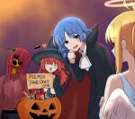  4girls ahoge alternate_eye_color amogan angel angel_wings ascot black_cloak black_necktie black_skirt blonde_hair blue_hair bocchi_the_rock! candy cloak closed_eyes crossed_arms cube_hair_ornament detached_ahoge dress eldritch_abomination english_commentary english_text fake_halo fang feathered_wings flying_sweatdrops food gotoh_hitori hair_ornament hairclip halloween halloween_bucket halo hat highres ijichi_nijika kessoku_band kita_ikuyo looking_at_viewer medium_hair multiple_girls necktie open_mouth orange_eyes pink_hair pink_track_suit pleated_skirt red_hair shirt side_ahoge side_ponytail skin_fang skirt sleeveless sleeveless_dress track_suit vampire_costume white_ascot white_dress white_shirt wings witch_hat yamada_ryo yellow_halo 