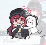  1boy 1girl black_gloves black_jacket black_pantyhose blue_archive blush chibi doodle_sensei_(blue_archive) fang fingerless_gloves game_screenshot_background gloves grey_helmet grey_skirt helmet hug jacket long_hair lowres neckerchief nyaru_(nyaru_4126) open_clothes open_jacket open_mouth pantyhose pleated_skirt rabu_(blue_archive) red_eyes red_hair saliva screenshot_background sensei_(blue_archive) shirt skirt small_sweatdrop sweat tongue tongue_out very_long_hair wavy_mouth welding_mask white_shirt yellow_neckerchief 