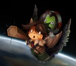  1boy 1girl arm_cannon astronaut bangs bird_wings black_hair black_wings blouse blush_stickers bow brown_hair cape chibi collared_blouse colored_skin commentary_request control_rod cookie_(touhou) earth_(planet) eyes_visible_through_hair flying frilled_skirt frills full_body gloves green_bow green_skin green_skirt hair_bow highres kerbal_space_program long_hair nadeko_(cookie) no_hands open_mouth planet puffy_short_sleeves puffy_sleeves reiuji_utsuho riding sasagasaka short_sleeves skirt solid_circle_eyes space third_eye touhou triangle_mouth weapon white_blouse white_cape white_gloves wings 