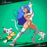  1girl animal_ears animal_hands blue_eyes blue_hair breasts cat_ears cat_girl cat_tail commentary crossover dandadan darkstalkers dclaret digimon english_commentary felicia_(darkstalkers) green_background jojo_no_kimyou_na_bouken jojo_pose killer_queen's_pose large_breasts long_hair lowres species_connection tail tailmon turbo_granny_(dandadan) white_fur 