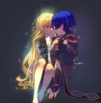  1boy 1girl alternate_hair_length alternate_hairstyle arm_at_side arm_support armor artist_name barefoot black_background black_kimono black_shorts black_sleeves blonde_hair blue_hair blunt_ends blush borrowed_clothes brown_eyes closed_mouth coat colored_inner_hair eyelashes face-to-face facing_another fatui_coat fingernails fur-trimmed_coat fur_collar fur_trim furisode genshin_impact gold gold_trim hair_between_eyes hair_intakes hair_spread_out hand_on_another&#039;s_face hand_on_another&#039;s_shoulder hetero highres japanese_armor japanese_clothes jewelry juban kimono kote kurokote lapels layered_sleeves long_hair looking_at_another lumine_(genshin_impact) mitsudomoe_(shape) multicolored_hair neck_ring no_mouth pom_pom_(clothes) purple_bag purple_sash purple_sleeves red_kimono red_sash sash scaramouche_(genshin_impact) short_sleeves shorts sitting_between_lap springy_chan tareme tomoe_(symbol) very_long_hair white_coat white_kimono winter_clothes winter_coat 