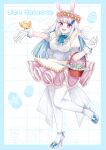  1girl :d absurdres alternate_costume animal_ears ankle_strap apron basket bird blue_border blue_bow blue_bowtie blue_hair blush border bow bowtie breasts buttons character_name colored_inner_hair commentary_request corset detached_wings double-breasted easter easter_egg egg english_commentary flower flower_wreath footwear_bow frilled_apron frilled_shirt frilled_skirt frilled_sleeves frills full_body gloves grid_background hair_ornament hands_up head_wreath high_heels highres holding holding_basket kemonomimi_mode lace-trimmed_gloves lace_trim leg_up lips lize_helesta long_hair looking_at_viewer medium_breasts mini_wings miniskirt mixed-language_commentary monocle multicolored_hair nijisanji open_mouth outside_border pink_flower pink_skirt puffy_short_sleeves puffy_sleeves purple_corset purple_eyes rabbit_ears sebastian_piyodore shirt shoes short_sleeves sidelocks skirt smile teeth thighhighs two-tone_hair underbust upper_teeth_only very_long_hair virtual_youtuber waist_apron watermark watermark_grid white_background white_gloves white_hair white_shirt white_shoes white_thighhighs white_wings wings yellow_apron yellow_bird yuzuca_(trickster4594) zettai_ryouiki 