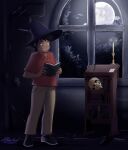 2025 atmospheric biped black_hair bone book bookshelf brown_eyes cabinet candle candlelight candlestick clothed clothing cloud collared_shirt colored footwear full-length_portrait full_moon furniture hair halloween hat headgear headwear hi_res holding_book holding_object holidays human human_only imminent_transformation khaki_pants light looking_down male mammal moon night not_furry polo_shirt portrait reading scruffy_hair sequence shaded shirt shoes skull sky skyscape smile sneakers solo spellbook spider_web tagme tf-sential topwear transformation transformation_sequence window witch_hat