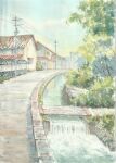  building commentary_request day highres no_humans original outdoors painting_(medium) paruperu path power_lines real_world_location scenery stream traditional_media tree utility_pole water watercolor_(medium) waterfall 