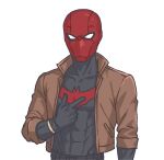  1boy bat_signal batman_(series) batman_symbol black_bodysuit black_gloves bodysuit brown_jacket dc_comics gloves grey_bodysuit highres jacket jason_todd male_focus multicolored_bodysuit muscular muscular_male red_hood_(dc) red_hood_and_the_outlaws red_mask seajelllies superhero_costume taut_bodysuit two-tone_bodysuit 