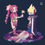  1boy 1girl aerith_gainsborough armor armored_gloves artist_name baggy_pants bangle basket blonde_hair blue_pants blue_shirt boots bracelet braid braided_ponytail brick_road brown_boots brown_hair buster_sword center_opening choker cloud_strife dated dress earrings final_fantasy final_fantasy_vii flower flower_basket full_body gloves green_eyes hair_ribbon highres holding holding_basket holding_flower jacket jewelry lily_(flower) long_dress long_hair looking_at_another materia nobu_(25mark) open_mouth pants parted_bangs pauldrons pink_dress pink_ribbon red_jacket ribbon ribbon_choker shirt short_hair short_sleeves shoulder_armor sidelocks single_braid single_earring single_pauldron sleeveless sleeveless_turtleneck smile spiked_hair sword sword_on_back turtleneck weapon weapon_on_back yellow_flower 