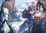  4girls absurdres black_hair black_wings blue_archive closed_eyes feathered_wings halo hasumi_(blue_archive) highres ichika_(blue_archive) jw_(wrdawrda) liquid_halo long_hair looking_at_viewer mashiro_(blue_archive) multiple_girls outdoors red_eyes red_halo snow tsurugi_(blue_archive) very_long_hair wings winter 