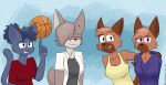  5_fingers absurd_res accessory alina_scratch anthro ball bandage bandage_on_face bandage_on_nose basketball_(ball) blue_body blue_eyes blue_hair breasts brooklyn_gardner brown_body brown_fur canid canine canis clothed clothing coyote digital_media_(artwork) domestic_cat domestic_dog eye_scar facial_scar felid feline felis female fingers fur german_shepherd green_eyes group hair hair_accessory hairband herding_dog hi_res hoodie looking_at_viewer mammal notmypornaccount open_mouth pastoral_dog purple_eyes rose_naire russian_blue scar shirt sibling_(lore) sister_(lore) tail tan_body tan_fur tan_hair tank_top text tongue topwear tuft ventura_city_drifters violet_naire 