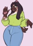  absurd_res anthro bulge clothing green_eyes gynomorph hair hi_res hilda_(cordelia) hyaenid intersex long_hair mammal pawpads simple_background sleepyscreen solo spotted_hyena thick_thighs trans_(lore) trans_woman_(lore) wide_hips 