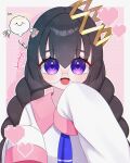  1girl alt_0218 black_hair braid crown glasses halo heart highres kirby_(series) kirby_64 long_hair looking_at_viewer low_twin_braids open_mouth pink_background purple_eyes ripple_star_queen sleeves_past_fingers sleeves_past_wrists smile twin_braids zero_two_(kirby) 