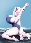  big_breasts bikini_thong blush breasts butt cleavage clothed clothing female hair hi_res horn horned_humanoid humanoid kantai_collection kneeling not_furry one-piece_swimsuit oni_unicorn seaport_princess solo swimwear white_hair 
