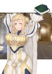  1girl absurdres arms_up blonde_hair blue_gloves book braid braided_bun breasts cape commentary commission crown cryptid_crab double_bun dress elbow_gloves english_commentary fire_emblem fire_emblem_heroes fur_cape gloves gradient_hair green_eyes hair_ornament henriette_(fire_emblem) highres holding holding_book jewelry large_breasts lips looking_at_viewer multicolored_hair one_eye_closed pink_hair puffy_sleeves short_hair sidelocks smile solo striped tied_hair turtleneck twitter_username vertical_stripes white_cape 