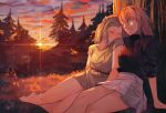  2girls against_tree arm_support black_sweater blonde_hair brown_dress closed_eyes closed_mouth commentary diffraction_spikes dress fire_emblem forest grey_skirt hand_on_another&#039;s_head highres looking_at_another medium_hair miniskirt multiple_girls nature ophelia_(fire_emblem) outdoors short_dress short_sleeves sitting skirt sky sleeping sleeping_upright smile soleil_(fire_emblem) spindle_(aidenr0) sun sunset sweater sweater_tucked_in three-quarter_sleeves tree turtleneck turtleneck_sweater yuri 