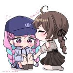  2girls ahoge anchor_symbol baseball_cap blue_hair blue_hat blue_skirt braid brown_hair brown_skirt brown_socks chibi collared_shirt commentary_request drawstring drill_hair flying_sweatdrops grey_hoodie grey_shirt grey_socks hat hololive hood hood_down hoodie kiss kneeling knees_up long_sleeves low_twintails minato_aqua mochimiko multicolored_hair multiple_girls natsuiro_matsuri natsuiro_matsuri_(casual) pink_hair plaid_clothes plaid_shirt pleated_skirt puffy_long_sleeves puffy_short_sleeves puffy_sleeves purple_eyes shadow shirt short_sleeves signature simple_background sitting skirt socks translation_request twin_braids twin_drills twintails two-tone_hair virtual_youtuber white_background yurie_mouth 