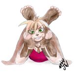  2024 5_fingers 5_toes absurd_res anthro big_ears biped blonde_hair brown_body brown_fur clothing colored eyebrows eyeliner feet feet_up female fingers foot_fetish fur fur_markings green_eyes hair head_on_hands hi_res lagomorph leporid looking_at_viewer lying makeup mammal markings mjw_darkmode nazuret_kheilafi on_front pink_clothing pink_top pink_topwear rabbit rabbit_ears sharp_teeth short_hair signature simple_background smile soles solo solo_focus supercell_(comic) teeth toes topwear traditional_media_(artwork) white_background 