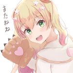  1girl animal_ears bear_paws blonde_hair blush double_bun eyebrows_visible_through_hair fang flower from_behind gloves gradient_hair green_eyes hair_flower hair_ornament harurunoe hololive jacket long_hair looking_at_viewer looking_back momosuzu_nene multicolored_hair paw_gloves paws pink_hair raised_eyebrows simple_background solo two_side_up upper_body upper_teeth virtual_youtuber waving white_background white_jacket 