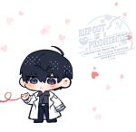  1boy :< ahoge black_eyes black_hair black_shirt coat collared_shirt commentary double-parted_bangs full_body hair_between_eyes heart kim_dokja kimidori_22 male_focus omniscient_reader's_viewpoint open_clothes open_coat out_of_frame shirt short_hair solo standing string string_of_fate symbol-only_commentary thumbnail_surprise white_coat 