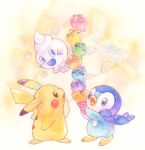  blue_eyes blue_sclera brown_eyes chaccalate colored_sclera commentary_request floating food heart holding holding_food holding_ice_cream holding_ice_cream_cone ice_cream ice_cream_cone looking_at_food multiple_scoops no_humans open_mouth pikachu piplup pokemon pokemon_(creature) pokemon_focus smile standing steam too_many too_many_scoops vanillite 