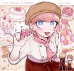  :d alternate_costume andou_ruruka apron bangs blonde_hair blue_eyes blush brown_headwear cake cake_slice candy character_name cloak commentary_request crossed_arms cupcake danganronpa_(series) danganronpa_3_(anime) double-breasted food fruit happy_birthday heart holding izayoi_sounosuke looking_at_viewer multiple_views open_mouth parfait pink_hair pink_neckwear red_apron red_cloak shimada_(dmisx) short_hair smile solo_focus strawberry strawberry_shortcake tea 
