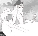  alcohol anthro beverage big_breasts bikini breast_rest breasts canid canine canis cleavage clothed clothing domestic_dog eyebrow_through_hair eyebrows female floppy_ears hair hand_on_butt hat headgear headwear hi_res holding_beverage holding_object leaning leaning_forward long_ears looking_aside mammal monochrome nipple_outline rook_(skidd) short_tail sketch skidd smile solo standing swimwear translucent translucent_hair 