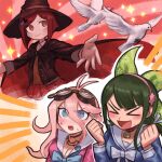  &gt;_&lt; 3girls :d animal antenna_hair bangs barbed_wire bird black_cape black_choker black_jacket blazer blue_shirt blush bob_cut bow breasts brown_headwear cape chabashira_tenko choker clenched_hands closed_eyes danganronpa_(series) danganronpa_v3:_killing_harmony dove goggles goggles_on_head green_hair hair_ornament hairclip hands_up hat highres iruma_miu jacket long_hair long_sleeves medium_breasts multiple_girls neck_bell open_mouth pink_choker pleated_skirt red_background red_cape red_hair red_skirt sailor_collar school_uniform seagx8 shiny shiny_hair shirt short_hair skirt smile sparkle sweat witch_hat xd yellow_background yumeno_himiko 