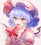  1girl 60mai bangs bat_wings bow box collared_shirt eyebrows_visible_through_hair fang gift gift_box grey_background hair_between_eyes hat hat_ribbon heart holding holding_gift mob_cap open_mouth puffy_short_sleeves puffy_sleeves purple_hair red_bow red_eyes red_ribbon remilia_scarlet ribbon shirt short_hair short_sleeves simple_background solo touhou upper_body v-shaped_eyebrows valentine white_headwear white_shirt wings wrist_cuffs 