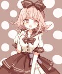  1girl alternate_costume bangs black_bow bow breasts brown_skirt commentary_request danganronpa_(series) danganronpa_2:_goodbye_despair dress eyebrows_visible_through_hair finger_to_mouth flipped_hair hair_bow hand_up index_finger_raised large_breasts light_brown_hair looking_at_viewer mari_audio medium_hair nanami_chiaki open_mouth pleated_skirt puffy_short_sleeves puffy_sleeves sailor_collar shirt short_sleeves sketch skirt solo upper_teeth white_shirt 
