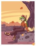 2025 3_fingers 3_toes anthro autumn bare_shoulders beanie belt bench biped black_nose border bottomwear brick_wall canid canine claws clothed clothing eyebrow_through_hair eyebrows falling_leaves feet female fingers footwear fox fuel_(artist) fur furgonomic_hat furgonomic_headwear furgonomics green_hair hair hat headgear headwear hi_res inner_ear_fluff long_hair looking_at_viewer mammal pants pepper_(fuel) plant sandals shoes shrub sitting smile solo sunset toe_claws toes translucent translucent_hair tree tuft wall_(structure) warm_colors white_belt white_border yellow_body yellow_fur