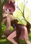  1girl apple_o_archer apple_on_head arrow_(projectile) ass blush brown_jacket brown_skirt commentary_request day eating feet_out_of_frame grass hair_between_eyes jacket kneepits long_sleeves looking_at_viewer looking_back okishiji_en outdoors ragnarok_online red_eyes red_hair short_hair skirt solo soul_linker_(ragnarok_online) tree 