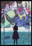  1girl absurdres air_bubble anorith armaldo bubble claws commentary_request cradily film_grain gen_3_pokemon gen_5_pokemon glass highres orange_eyes pokemon pokemon_(creature) saiku_(zvlku) shiny shore silhouette standing swimming tirtouga water 