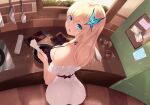  1girl :o ass bangs bare_shoulders blonde_hair blue_eyes blush boku_wa_tomodachi_ga_sukunai breasts bug butterfly butterfly_hair_ornament cait_aron chocolate cleavage commentary_request dress from_above from_behind hair_ornament hand_up highres holding indoors insect kashiwazaki_sena kitchen large_breasts leaning_forward long_hair looking_at_viewer looking_back note open_mouth puffy_short_sleeves puffy_sleeves short_sleeves sitting solo stone_wall tile_floor tiles wall white_dress 