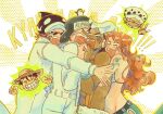  1girl 5boys arm_tattoo avaxxah bikini bikini_top_only black_hair crying hat highres holding_hands jumpsuit long_hair long_nose monkey_d._luffy multiple_boys nami_(one_piece) one_piece orange_hair penguin_(one_piece) shachi_(one_piece) straw_hat sunglasses swimsuit tattoo tears trafalgar_law usopp white_hat white_jumpsuit 