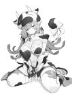  1girl absurdres animal_ears animal_hat animal_print between_legs blush bow breasts cow_ears cow_hat cow_horns cow_print cow_tail detached_sleeves granblue_fantasy greyscale hand_between_legs hat head_tilt highres horns kotoribako large_breasts long_hair long_sleeves looking_at_viewer monochrome navel parted_lips pointy_ears sandals shatola_(granblue_fantasy) simple_background sitting solo tail tail_bow tail_ornament wariza white_background 