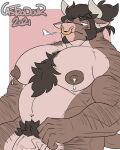 absurd_res anthro big_pecs bodily_fluids body_hair bovid bovine brown_body castrodour cattle chest_hair facial_hair facial_piercing genitals hair hi_res horn lactating male male_lactation mammal nipples nose_piercing nose_ring pecs penis piercing pubes solo tied_hair 