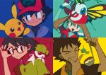  1girl 3boys :d :o absurdres adjusting_eyewear ash_ketchum bandana baseball_cap beautifly black_hair blue_eyes brock_(pokemon) brown_hair brown_jacket closed_mouth collared_shirt commentary_request dark-skinned_male dark_skin eyelashes fingernails food glasses gloves green_shirt hand_on_own_chin hat highres holding holding_ladle holding_poke_ball jacket ladle lotad max_(pokemon) may_(pokemon) mudkip multiple_boys on_head on_shoulder open_mouth ottoyamaotoko8 pikachu poke_ball poke_ball_(basic) pokemon pokemon_(anime) pokemon_(creature) pokemon_on_head pokemon_on_shoulder pokemon_rse_(anime) ralts red_bandana red_eyes red_hat shirt short_hair short_sleeves simple_background smile soup spiked_hair white_gloves 