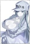  1girl bangs baseball_cap black_gloves breasts cleavage collarbone colored_skin crossed_arms fingerless_gloves gloves grey_eyes hat hataraku_saibou hataraku_saibou_black highres kei_(soundcross) large_breasts long_hair looking_at_viewer simple_background smile u-1196 white_blood_cell_(hataraku_saibou) white_hair white_skin white_uniform 