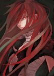  1girl bandages bangs black_background breasts closed_mouth commentary_request hair_over_one_eye long_hair looking_at_viewer one_eye_covered red_eyes red_hair shut_hell shut_hell_(character) simple_background small_breasts solo thikakimamori8 