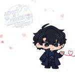  1boy belt black_coat black_eyes black_hair black_shirt coat commentary double-parted_bangs full_body hair_between_eyes heart kimidori_22 male_focus omniscient_reader's_viewpoint open_clothes open_coat out_of_frame shirt short_hair solo standing string string_of_fate symbol-only_commentary thumbnail_surprise yoo_joonghyuk 