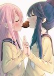  2girls absurdres blue_hair blush candy chocolate chocolate_heart closed_eyes commentary food hair_bun heart highres holding_hands interlocked_fingers kagamihara_nadeshiko kinako_mochi long_hair mouth_hold multiple_girls pink_hair school_uniform shared_food shima_rin simple_background upper_body white_background yuri yurucamp 