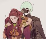  1boy 1girl armor bracelet brown_eyes byleth_(fire_emblem) byleth_(fire_emblem)_(male) byuub covering_face earrings fire_emblem fire_emblem:_three_houses green_eyes green_hair grey_background jewelry long_hair parted_lips petra_macneary ponytail purple_hair short_hair simple_background upper_body 