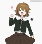  1boy 3tn_63 :d bangs black_ribbon blush_stickers brown_hair brown_skirt clenched_hand closed_eyes commentary_request danganronpa:_trigger_happy_havoc danganronpa_(series) facing_viewer fujisaki_chihiro hand_up happy long_sleeves male_focus neck_ribbon open_mouth otoko_no_ko pale_skin pleated_skirt ribbon short_hair simple_background skirt smile solo translation_request white_background 