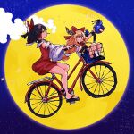  2girls bare_shoulders bicycle black_hair black_shoes blue_skirt blush cigarette commentary detached_sleeves e.t. expressionless from_side full_body full_moon gourd gram_9 grin hakurei_reimu highres holding holding_gourd horns ibuki_suika legs long_hair looking_at_viewer medium_hair moon multiple_girls no_socks orange_eyes orange_hair parody red_shirt red_skirt sandals shirt shoes skirt sky sleeveless sleeveless_shirt smile smoke smoke_trail smoking socks star_(sky) starry_sky thighs touhou white_shirt white_socks 