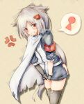  1girl anger_vein armband azur_lane bangs belt between_legs black_gloves black_legwear blue_shirt blue_shorts blush cape clenched_teeth commentary_request embarrassed eyebrows_visible_through_hair fingerless_gloves gloves grey_hair hair_ornament hairclip hand_between_legs hands_together have_to_pee highres legs_together long_hair looking_at_viewer montpelier_(azur_lane) shirt short_shorts shorts simple_background solo speech_bubble standing sweat teeth thighhighs v_arms very_long_hair watakarashi white_cape yellow_background 