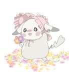  alternate_color alternate_form blush bonnet commentary_request droopy_ears ears_down ears_through_headwear flower full_body highres holding holding_flower no_humans open_mouth pako_(pousse-cafe) peakychu pikachu pink_bonnet pokemon pokemon_(creature) pokemon_focus pokemon_pokopia smile solo tail 