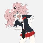  1girl 3tn_63 :d bangs bear_hair_ornament blue_eyes blush_stickers bow breasts cleavage commentary_request danganronpa:_trigger_happy_havoc danganronpa_(series) enoshima_junko eyebrows_visible_through_hair hair_ornament large_breasts long_hair looking_at_viewer loose_necktie miniskirt necktie number open_mouth pink_hair plaid plaid_skirt pleated_skirt red_bow red_skirt school_uniform shiny shiny_hair shirt simple_background skirt sleeves_rolled_up smile solo twintails white_background white_neckwear 