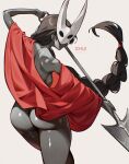  1girl ass black_hair braid braided_ponytail breasts character_mask chui_art cloak colored_skin commentary cosplay cowboy_shot english_commentary from_behind grey_skin highres holding holding_weapon hollow_knight horned_mask hornet_(hollow_knight) hornet_(hollow_knight)_(cosplay) long_hair mask mask_on_head medium_breasts naked_cloak needle_(hollow_knight) original red_cloak shiny_skin simple_background solo weapon white_background white_mask 
