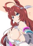  1girl ? ahoge animal_ears aqua_eyes breasts character_request closed_mouth commentary_request detached_sleeves eyebrows_visible_through_hair highres horse_ears horse_girl large_breasts long_hair looking_at_viewer red_hair solo sweat umamusume umanosuke upper_body 