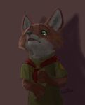  2021 anthro bodily_fluids canid canine clothed clothing crying disney eosfoxx fox fur green_eyes inner_ear_fluff light lighting male mammal nick_wilde red_fox scout_uniform shadow signature solo tears tuft white_body white_fur zootopia 