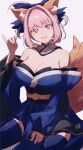  1girl :d absurdres animal_ear_fluff animal_ears bangs bare_shoulders blue_hair blue_kimono blue_legwear blue_ribbon breasts collarbone cosplay crying crying_with_eyes_open detached_collar eyebrows_visible_through_hair fang fate/grand_order fate_(series) fox_ears fox_shadow_puppet fox_tail furrowed_eyebrows grey_background hair_intakes hair_ribbon hamachamu hand_up highres idolmaster idolmaster_cinderella_girls japanese_clothes kimono large_breasts long_sleeves looking_at_viewer multicolored_hair open_mouth pink_eyes pink_hair ribbon short_eyebrows simple_background sitting skin_fang smile solo tail tail_raised tamamo_(fate)_(all) tamamo_no_mae_(fate) tamamo_no_mae_(fate)_(cosplay) tears thighhighs two-tone_hair wariza yumemi_riamu 